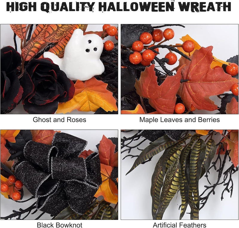 Adeeing 26 Inch Halloween Wreaths for Front Door, Halloween Decorations Ghost Wreath with Feathers Artificial Black Rose and Ribbon for Indoor Outdoor Home Party Decor - Image 3