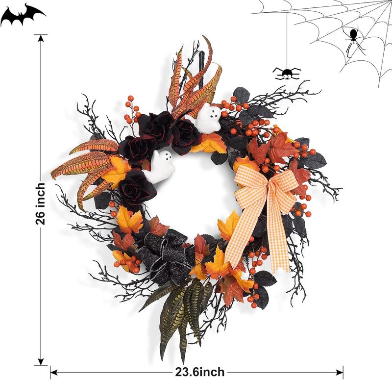 Adeeing 26 Inch Halloween Wreaths for Front Door, Halloween Decorations Ghost Wreath with Feathers Artificial Black Rose and Ribbon for Indoor Outdoor Home Party Decor - Image 5