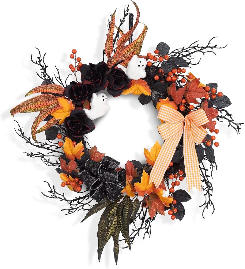 Adeeing 26 Inch Halloween Wreaths for Front Door, Halloween Decorations Ghost Wreath with Feathers Artificial Black Rose and Ribbon for Indoor Outdoor Home Party Decor - Image 1