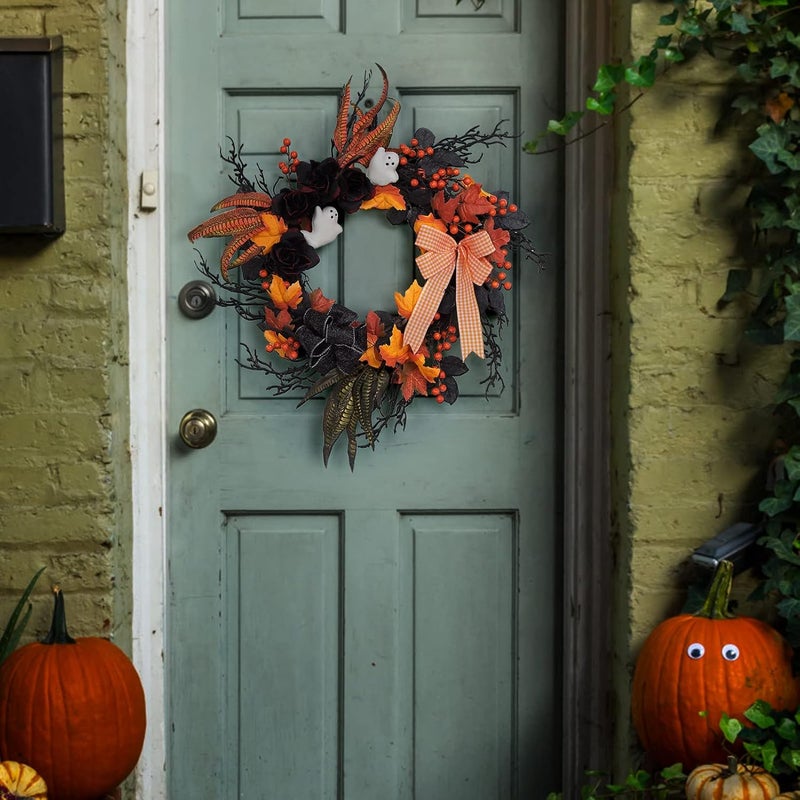 Adeeing 26 Inch Halloween Wreaths for Front Door, Halloween Decorations Ghost Wreath with Feathers Artificial Black Rose and Ribbon for Indoor Outdoor Home Party Decor - Image 2