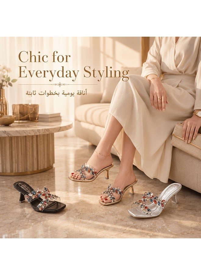 Women’s Rhinestone Heeled Sandals, Square Open Toe Clear Strap Slip-On Mules, Mid Heel Dress Shoes for Wedding Party Evening - Image 5