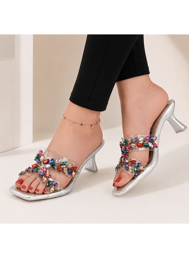 Women’s Rhinestone Heeled Sandals, Square Open Toe Clear Strap Slip-On Mules, Mid Heel Dress Shoes for Wedding Party Evening - Image 1