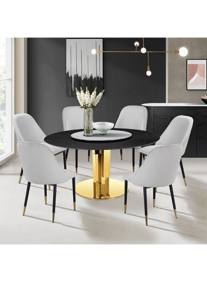 DANUBE HOME Luceris 1 + 6 Stone Dining Set With Lazy Susan 7-Piece Comfortable Dining Set Kitchen Dining Table With 6 Dining Chairs Modern Design Furniture For Dining Room Kitchen - Black/Gold  - Image 1
