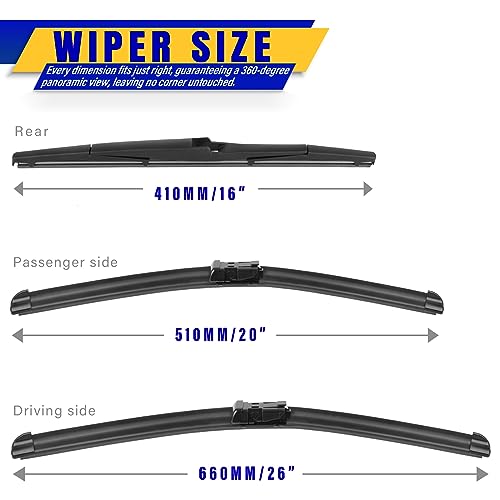 Rooppa 3 wipers Replacement for 2016-2021 Lexus RX350/2016-2022 Lexus RX450h, Windshield Wiper Blades Original Equipment Replacement - 26"/20"/16" (Set of 3) Top Lock - Image 2