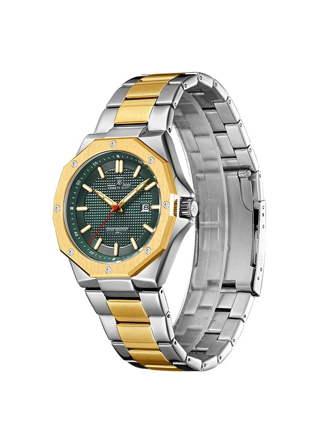 كينيث سكوت Kenneth Scott Men's Japan Seiko/AX32 Movement Watch, Analog Display and Stainless Steel Strap - K22044-TBTH, TT GLD/Silver