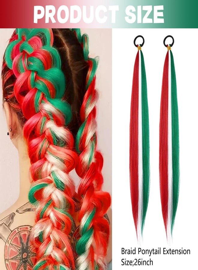 AUOCATTAIL 2 Pack Red White Green Braiding Hair Extensions for Women, 26 Inch Colored Ponytail Braid Hair Synthetic High-Temperature Fiber Braiding Extensions with Elastic Tie for Christmas Cosplay Makeup Party - Image 2