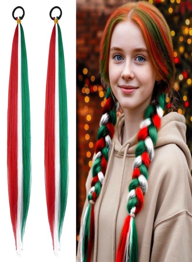AUOCATTAIL 2 Pack Red White Green Braiding Hair Extensions for Women, 26 Inch Colored Ponytail Braid Hair Synthetic High-Temperature Fiber Braiding Extensions with Elastic Tie for Christmas Cosplay Makeup Party - Image 1