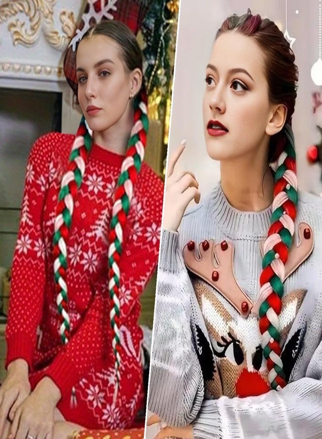 AUOCATTAIL 2 Pack Red White Green Braiding Hair Extensions for Women, 26 Inch Colored Ponytail Braid Hair Synthetic High-Temperature Fiber Braiding Extensions with Elastic Tie for Christmas Cosplay Makeup Party - Image 5