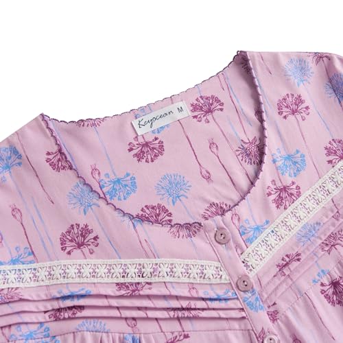 Keyocean Women Nightgown, Soft Cotton Lightweight Short Sleeves Ladies Nightdress, Danerlion Floral on Purple, X-Large (XL) - Image 3