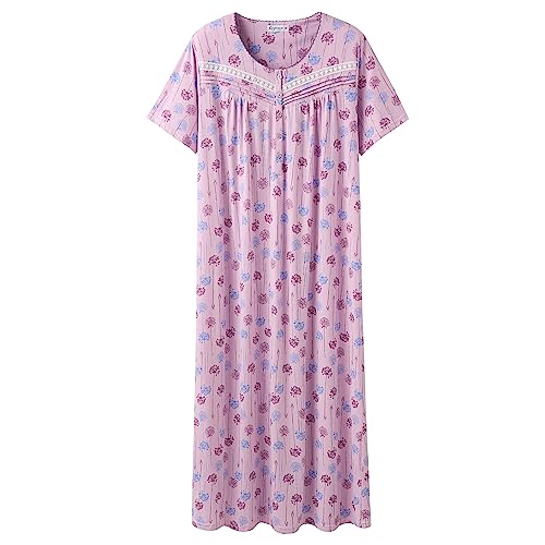 Keyocean Women Nightgown, Soft Cotton Lightweight Short Sleeves Ladies Nightdress, Danerlion Floral on Purple, X-Large (XL) - Image 1