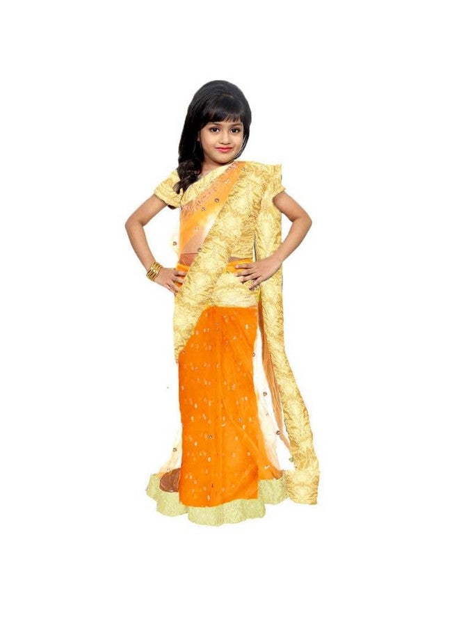 HIBA CREATIONS HIBA CREATIONS Baby girl orange prestitched sequence booty saree 4-5 Years with Readymade golden silk Blouse - Image 1