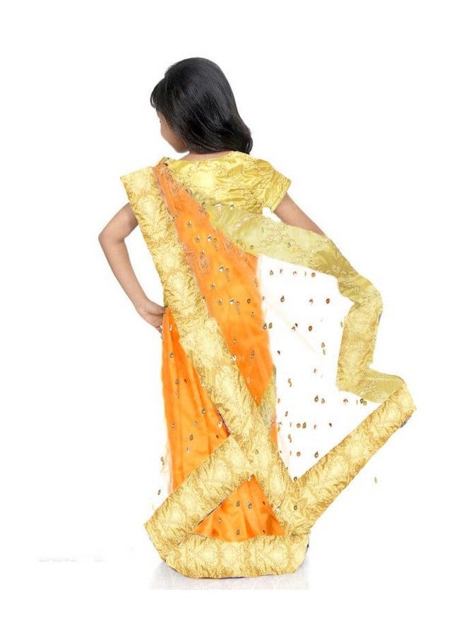 HIBA CREATIONS HIBA CREATIONS Baby girl orange prestitched sequence booty saree 4-5 Years with Readymade golden silk Blouse - Image 2