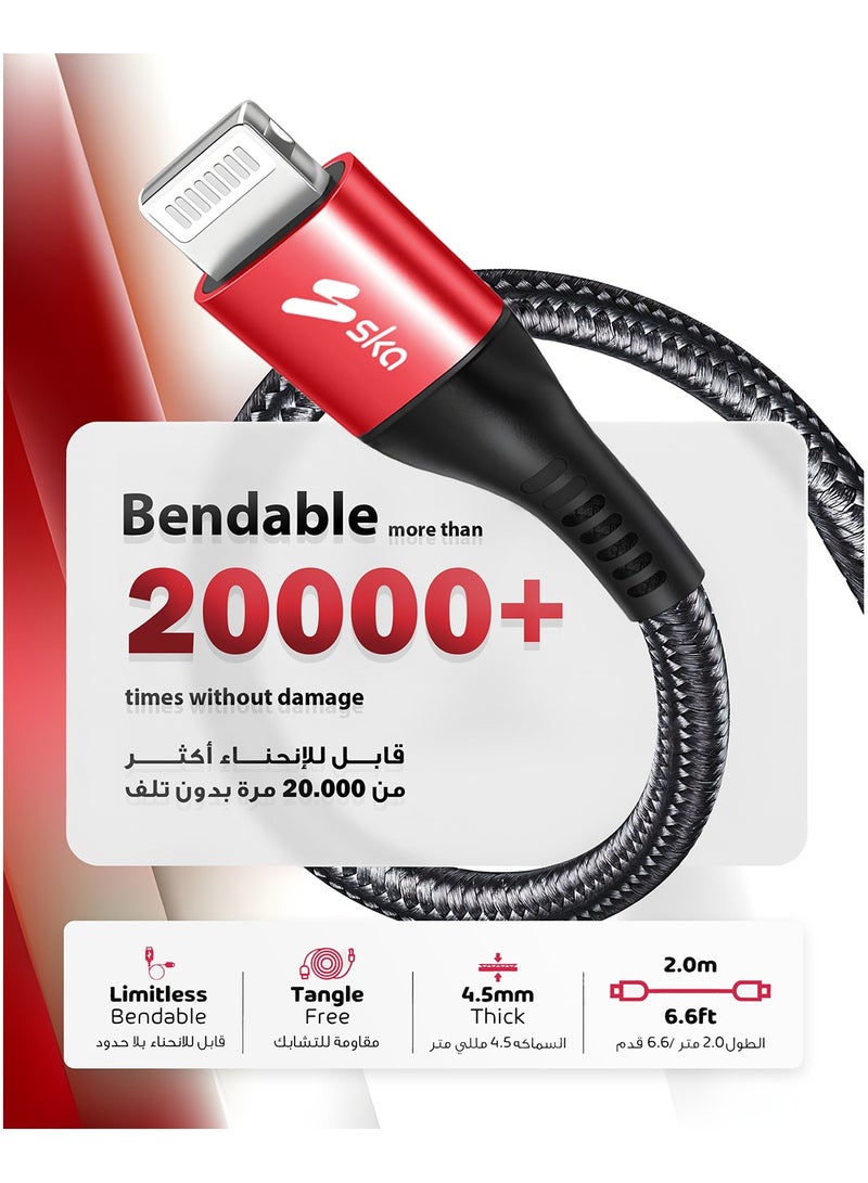 SKA 2M USB-A to Lightning Cable | MFi Certified for iPhone & iPad | 18W Fast Charge & 480Mbps Data Transfer | Kevlar Braided for Maximum Durability - Black  - Image 3