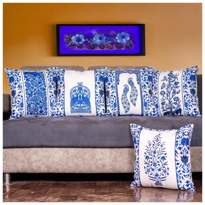 Vendola Cotton Digital Printed Block Print Cushion Covers Meraki Sofa Pillow Cover Set of 5MerakiBlue16X16 Inch