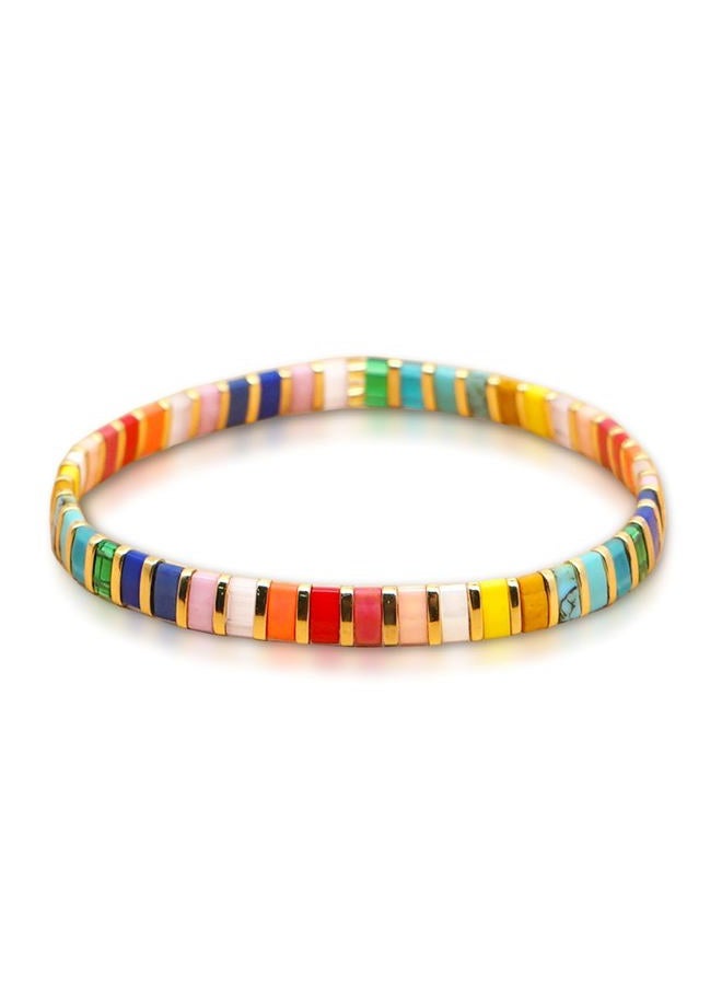 Sonateomber Tila Flat Beaded Stretch Bracelets for Women Colorful Beads Stack Bracelet, 15 inches, Brass, Pearl - Image 1
