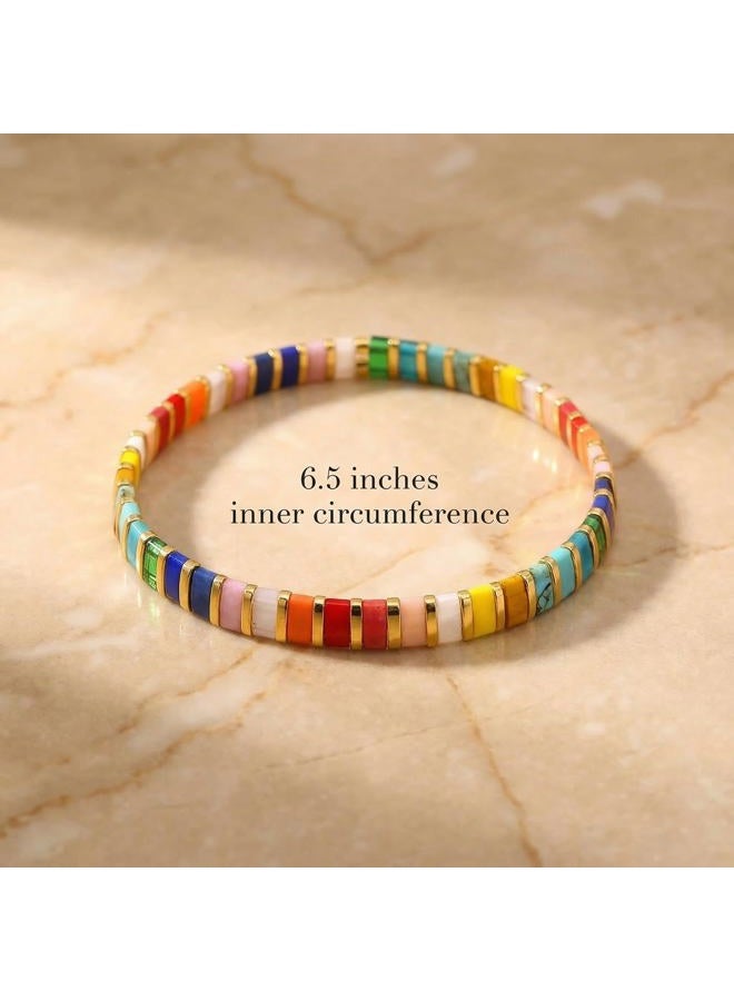 Sonateomber Tila Flat Beaded Stretch Bracelets for Women Colorful Beads Stack Bracelet, 15 inches, Brass, Pearl - Image 5