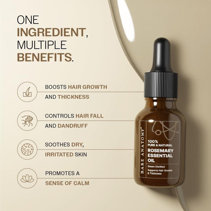 BARE ANATOMY 100% Pure & Natural Rosemary Essential Oil for Hair Growth & Thickness | Helps with Dandruff, Hair fall, Dry & Dull Skin | AYUSH Certified | Suitable for Men & Women | 15ml - Image 2