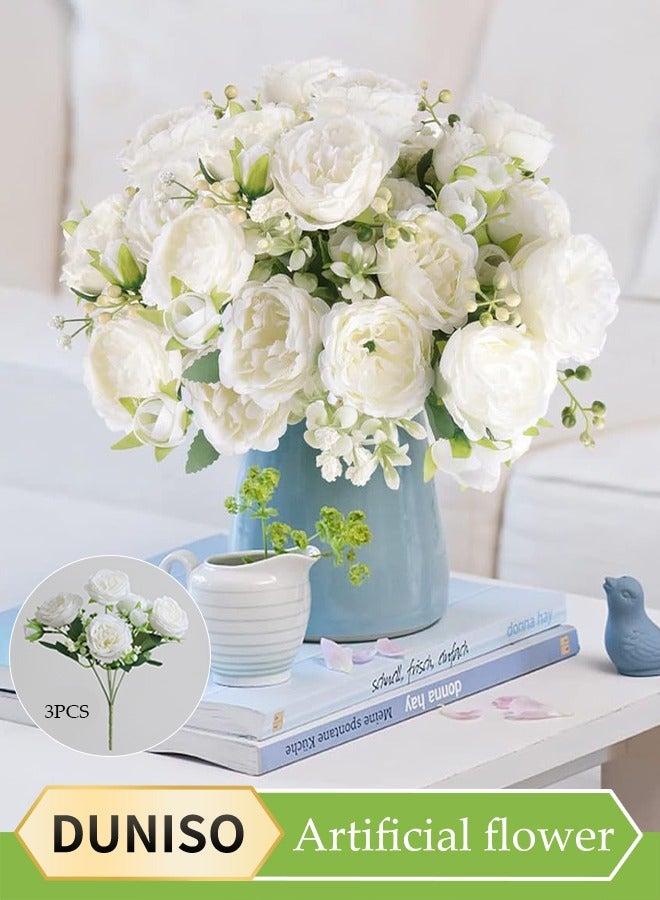 DUNISO مجموعة باقة زهور صناعية مكونة من 3 قطع، زهور محاكاة، بونيه من قماش حرير ناعم، تستخدم لتزيين المنزل، المكتب، طاولة الغرفة، طاولة المكتب (5 بونيات لكل نبات) - Image 1