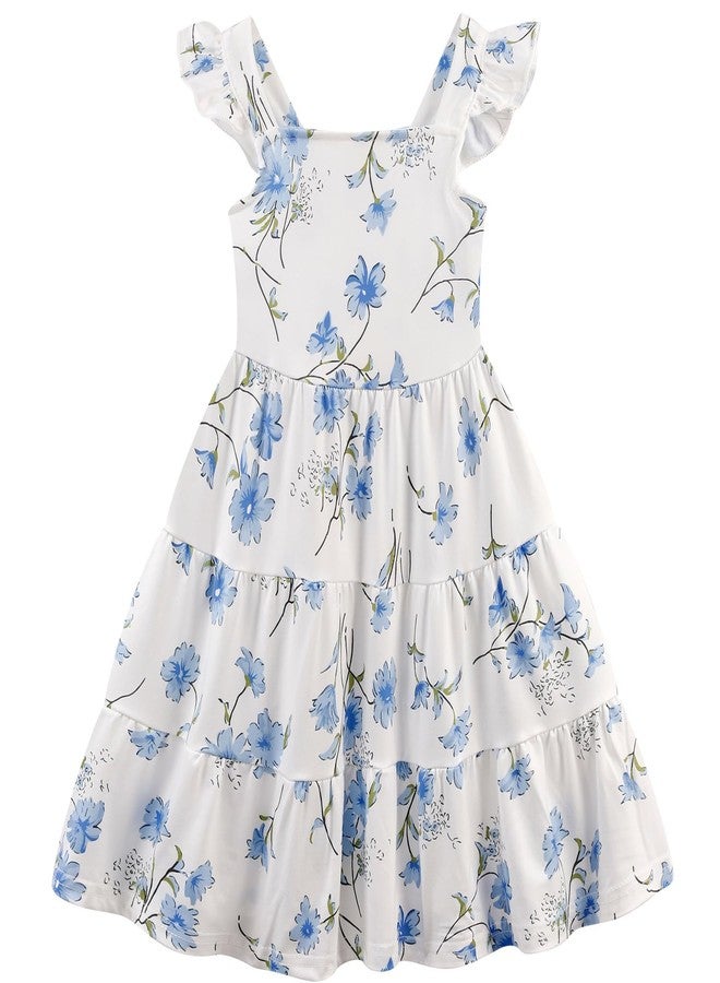 NUBEEHOHO Toddler Dress Blue Floral Girls Summer Outfits Flutter Sleeve Twirly Shirred Tiered Beach Boho Sundress Kids Smock Flower Dresses 4-5 Years/1539 - Image 1