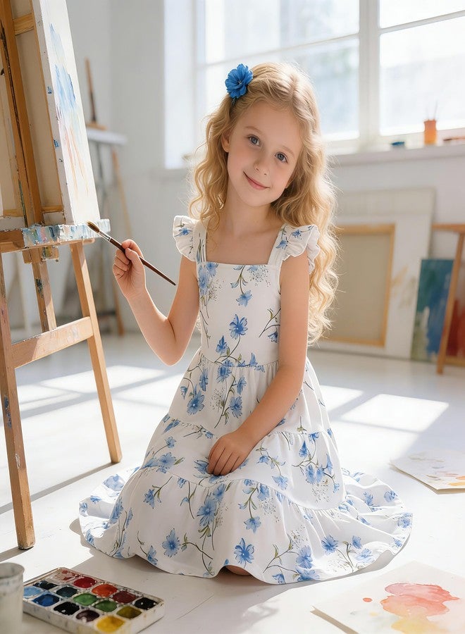 NUBEEHOHO Toddler Dress Blue Floral Girls Summer Outfits Flutter Sleeve Twirly Shirred Tiered Beach Boho Sundress Kids Smock Flower Dresses 4-5 Years/1539 - Image 4