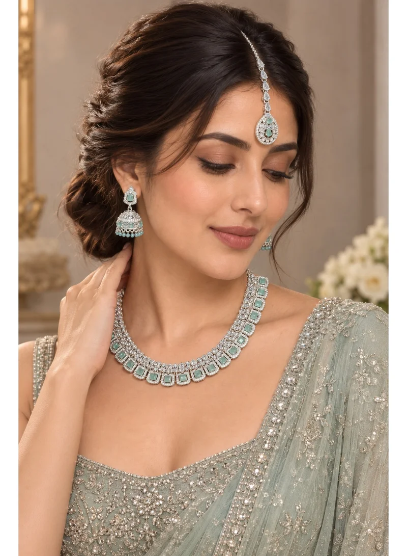 Lehar Silver-Tone Mint Green Stone Necklace Set with Jhumka Earrings & Maang Tikka - Indian Bridal Jewelry