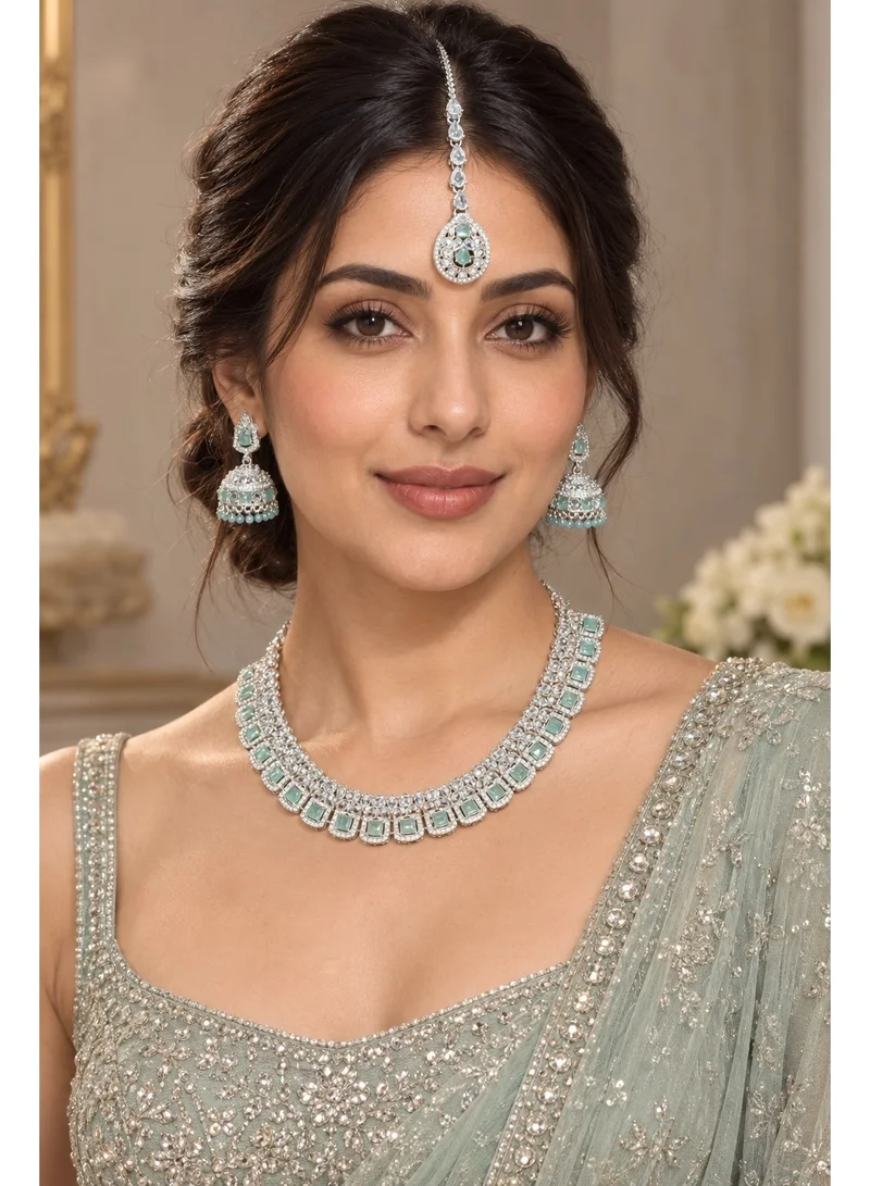 Lehar Silver-Tone Mint Green Stone Necklace Set with Jhumka Earrings & Maang Tikka - Indian Bridal Jewelry