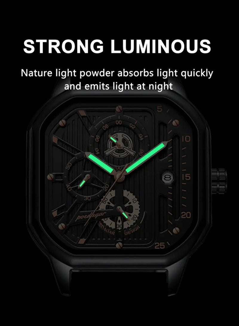 POEDAGAR Men’s Square Series Quartz Black Stainless Steel watch 41.5mm - Image 2