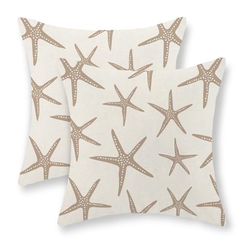 JEFERSO Brown Tan Starfish Pillow Covers 18x18 Set of 2 Coastal Throw Pillows Summer Nautical Ocean Beach Theme Decorative Pillowcase Outdoor Farmhouse Linen Decor Cushion Case for Couch Home Bedroom - Image 1