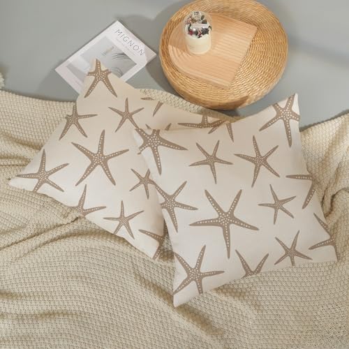 JEFERSO Brown Tan Starfish Pillow Covers 18x18 Set of 2 Coastal Throw Pillows Summer Nautical Ocean Beach Theme Decorative Pillowcase Outdoor Farmhouse Linen Decor Cushion Case for Couch Home Bedroom - Image 5