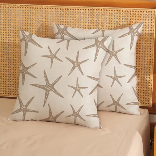 JEFERSO Brown Tan Starfish Pillow Covers 18x18 Set of 2 Coastal Throw Pillows Summer Nautical Ocean Beach Theme Decorative Pillowcase Outdoor Farmhouse Linen Decor Cushion Case for Couch Home Bedroom - Image 2