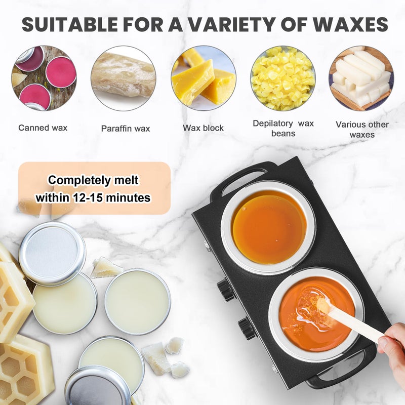 AOWOSA Professional Hair Removal Kit - Wax Warmer Machine with Double Pot, Large Capacity for Spa Salon and Home Use, Non-Stick Easy Clean Pots, 50 Sticks & 20 Collars (Black) - Image 3