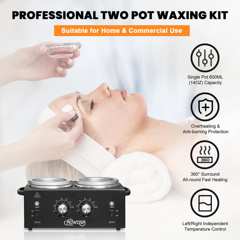 AOWOSA Professional Hair Removal Kit - Wax Warmer Machine with Double Pot, Large Capacity for Spa Salon and Home Use, Non-Stick Easy Clean Pots, 50 Sticks & 20 Collars (Black) - Image 2