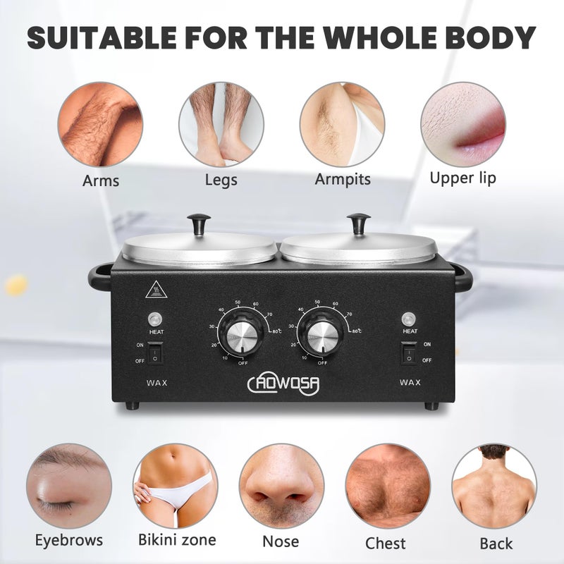 AOWOSA Professional Hair Removal Kit - Wax Warmer Machine with Double Pot, Large Capacity for Spa Salon and Home Use, Non-Stick Easy Clean Pots, 50 Sticks & 20 Collars (Black) - Image 4