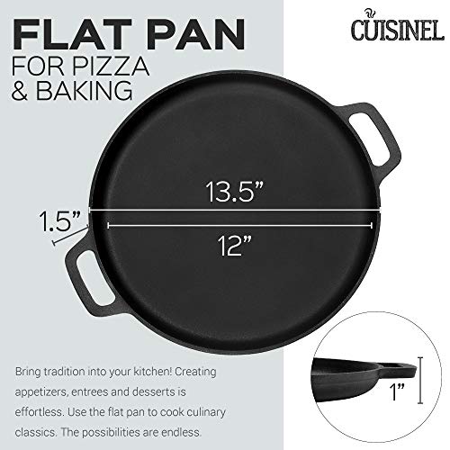 Cuisinel مقلاة بيتزا وخبز من الحديد الزهر مسبقة التتبيل (13.5 بوصة) بتشطيب طبيعي، احتفاظ محسّن بالحرارة وتوزيعها - للموقد، الفرن، الشواية أو نار المخيم - Image 3