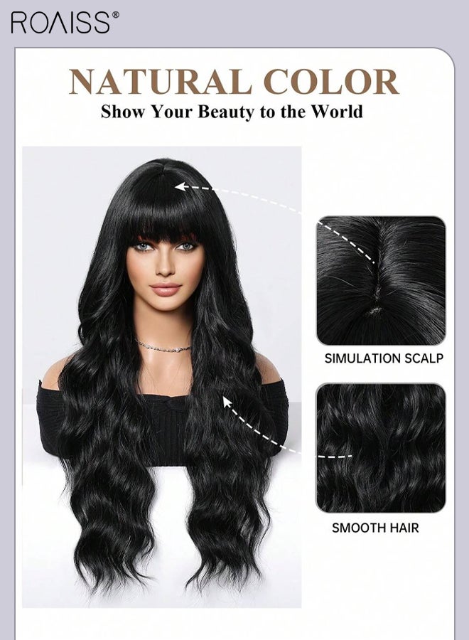 roaiss Women's Long Black Wavy Hair Wig with Bangs, Fluffy Synthetic Curls, Natural Styling, Heat-resistant Fiber, Suitable for Daily Party Use 66cm (26 inches) - Image 5