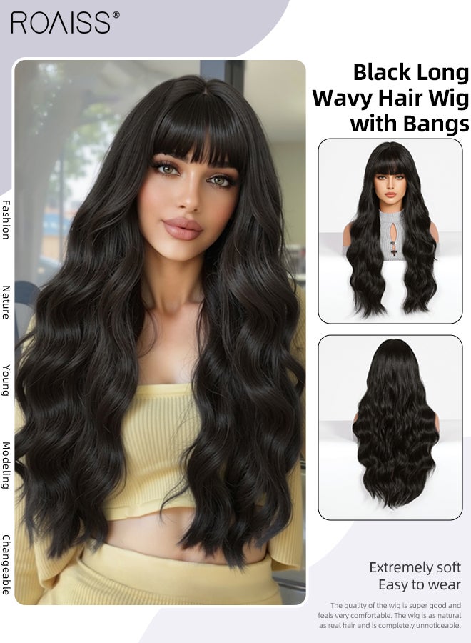 roaiss Women's Long Black Wavy Hair Wig with Bangs, Fluffy Synthetic Curls, Natural Styling, Heat-resistant Fiber, Suitable for Daily Party Use 66cm (26 inches) - Image 1