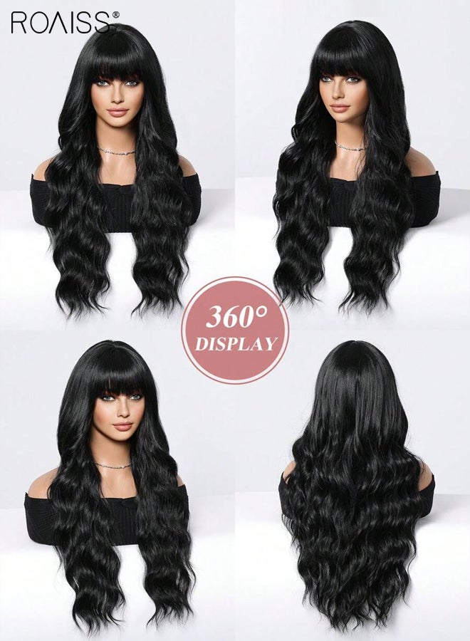 roaiss Women's Long Black Wavy Hair Wig with Bangs, Fluffy Synthetic Curls, Natural Styling, Heat-resistant Fiber, Suitable for Daily Party Use 66cm (26 inches) - Image 3