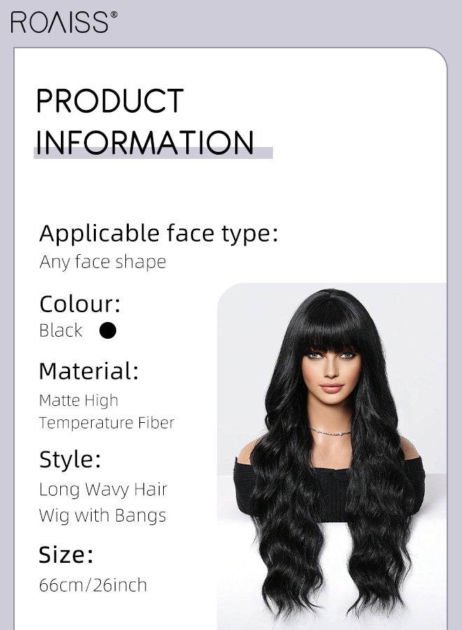 roaiss Women's Long Black Wavy Hair Wig with Bangs, Fluffy Synthetic Curls, Natural Styling, Heat-resistant Fiber, Suitable for Daily Party Use 66cm (26 inches) - Image 2