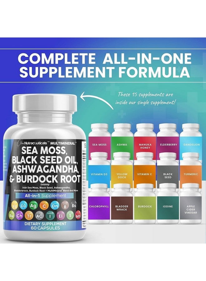 Clean Nutraceuticals Sea Moss Black Seed Oil Ashwagandha Turmeric Bladderwrack Burdock & Vitamin C Vitamin D3 with Elderberry Manuka Dandelion Yellow Dock Iodine Chlorophyll ACV - 2Pack