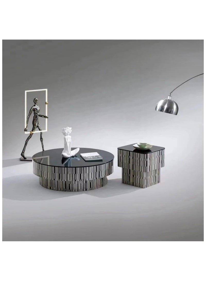 AWD Modern Coffee Table of 2, Center Table with Storage Drawer and Matching Side End Table, Elegant Black Striped Veneer Design, Durable MDF Wood and Tempered Glass Material for Living room or Office. - Image 1