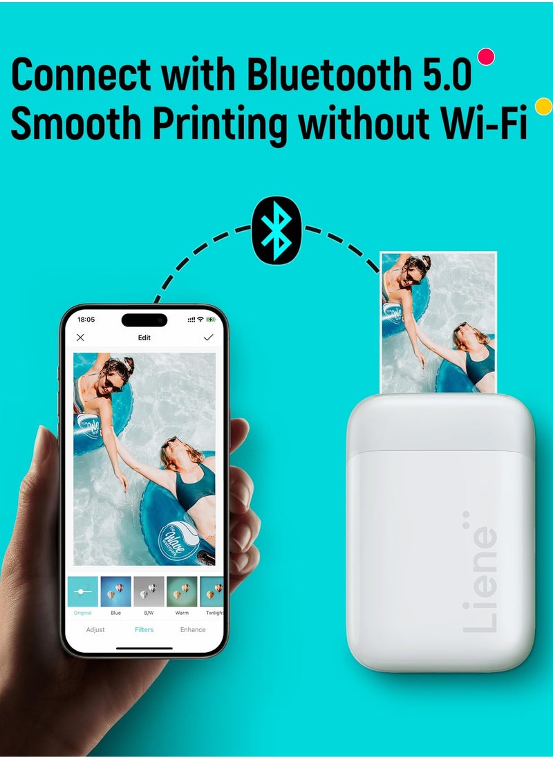 Liene - 2x3 Mini Instant Portable Color Mono Picture Printer 50 Zink Adhesive Paper, Bluetooth 5.0, Compatible W/IOS & Android, Small Photo Printer for iPhone, Smartphones, White - Image 1