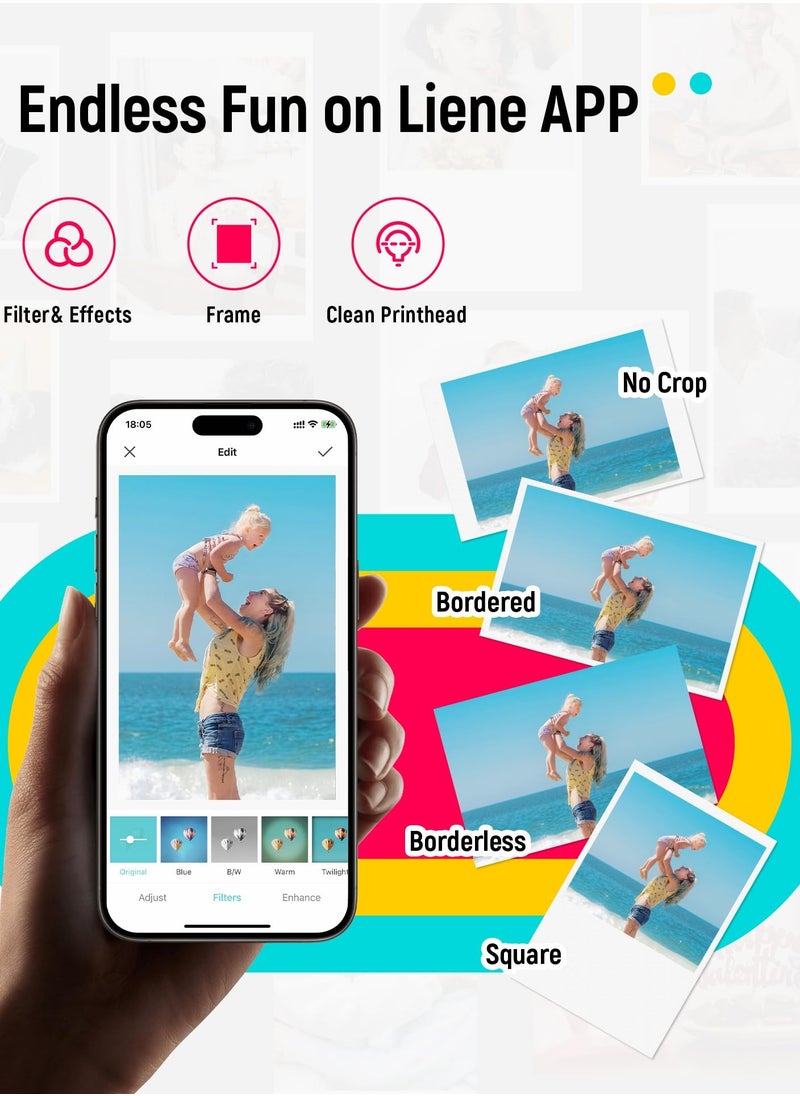 Liene - 2x3 Mini Instant Portable Color Mono Picture Printer 50 Zink Adhesive Paper, Bluetooth 5.0, Compatible W/IOS & Android, Small Photo Printer for iPhone, Smartphones, White - Image 1