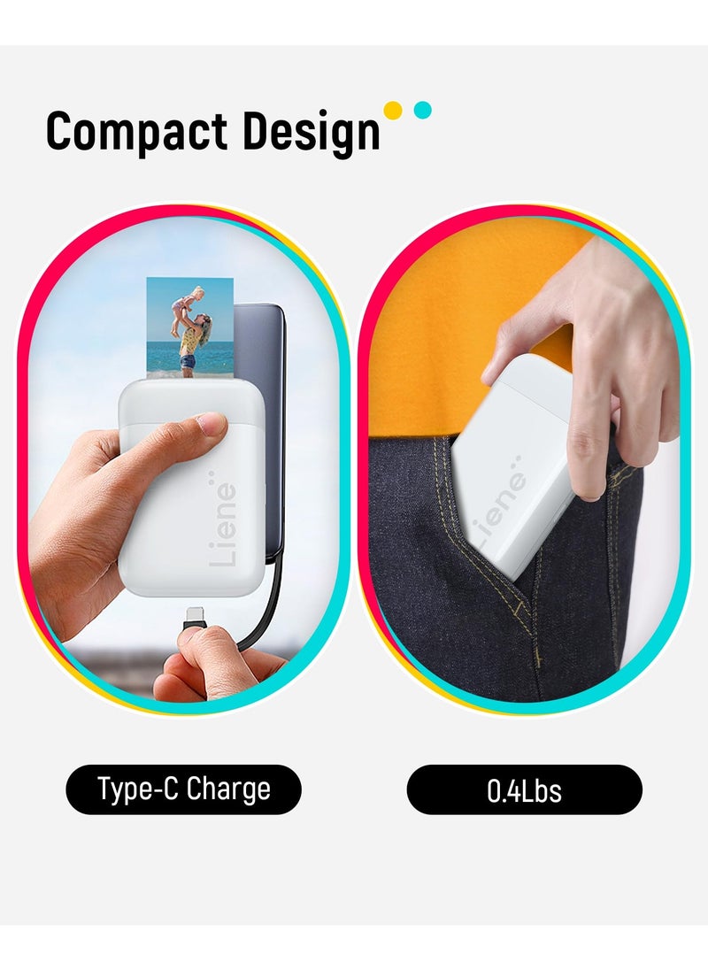 Liene - 2x3 Mini Instant Portable Color Mono Picture Printer 50 Zink Adhesive Paper, Bluetooth 5.0, Compatible W/IOS & Android, Small Photo Printer for iPhone, Smartphones, White - Image 1