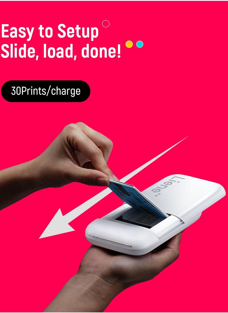 Liene - 2x3 Mini Instant Portable Color Mono Picture Printer 50 Zink Adhesive Paper, Bluetooth 5.0, Compatible W/IOS & Android, Small Photo Printer for iPhone, Smartphones, White - Image 1