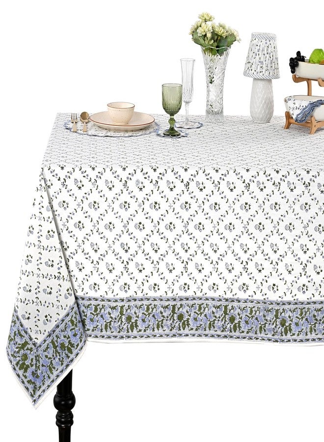 Ridhi Hand Block Print Powder Blue Rectangle Cotton Tablecloth 90" x 60" Reusable Table Cover Decorative Everyday Use for Dining, Farmhouse, Home Gift for Spring, Easter, Valentine - Image 1