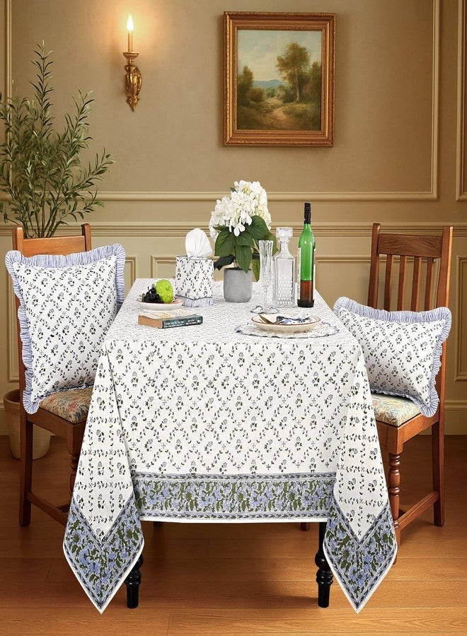 Ridhi Hand Block Print Powder Blue Rectangle Cotton Tablecloth 90" x 60" Reusable Table Cover Decorative Everyday Use for Dining, Farmhouse, Home Gift for Spring, Easter, Valentine - Image 2
