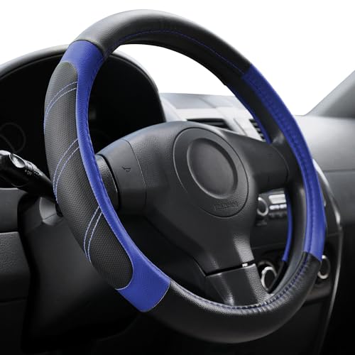Elantrip Steering Wheel Cover Leather 15 1/2-16 inch Universal Padded Soft Grip Breathable for Car Truck SUV Jeep Anti Slip Blue and Black - Image 1