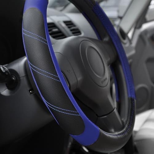Elantrip Steering Wheel Cover Leather 15 1/2-16 inch Universal Padded Soft Grip Breathable for Car Truck SUV Jeep Anti Slip Blue and Black - Image 4