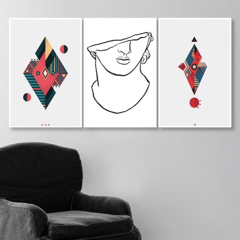 Marktna Three canvas panels with an abstract art design and a hollow frame, measuring (150×70), three pieces - Image 1