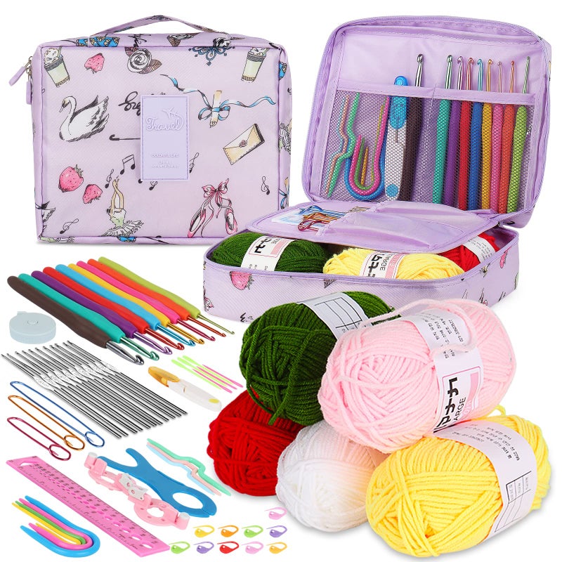 Aeelike Beginner Crochet Kit, 59pcs Crochet Starter Kit for Adults and Kids, Basic Crochet & Knitting Supplies Kit for Beginners,Travel Crochet Kit Small with Purple Storage Bag - Image 1